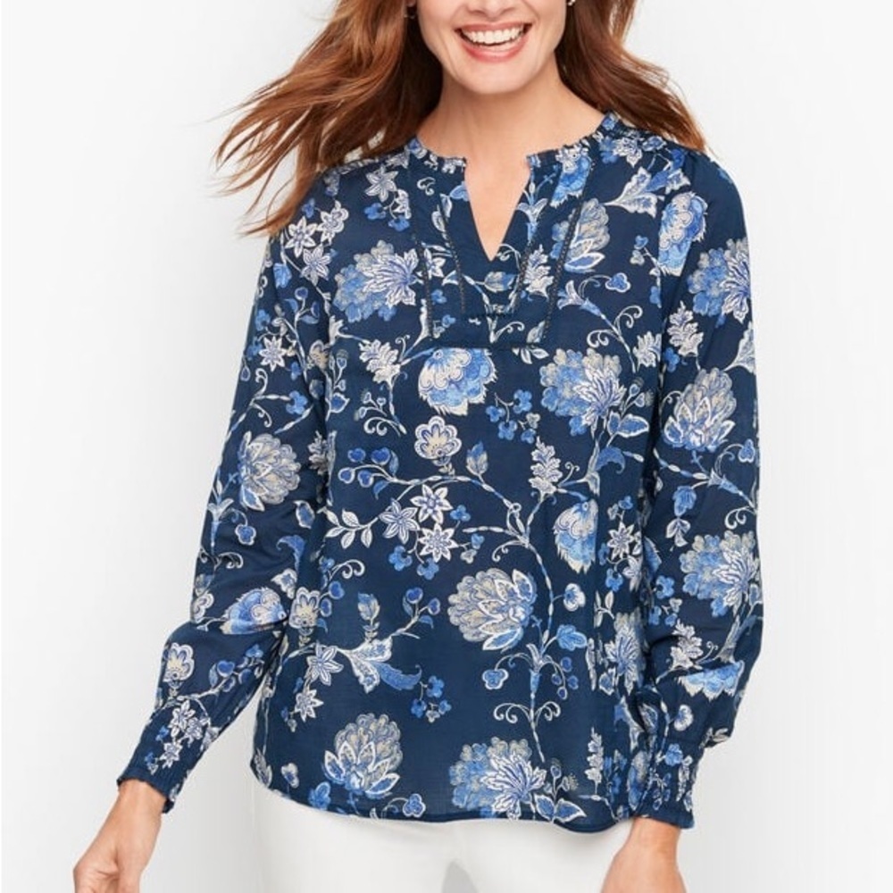 Talbots Smocked Shoulder Top Delicate Jacobean Navy Blue Cotton Shirt Blouse SML